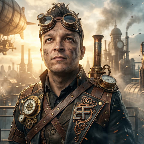 Diego Netto, illustrated as a steampunk engineer with brass goggles